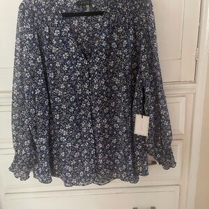 Blue Floral Ruffled Long Sleeve Blouse